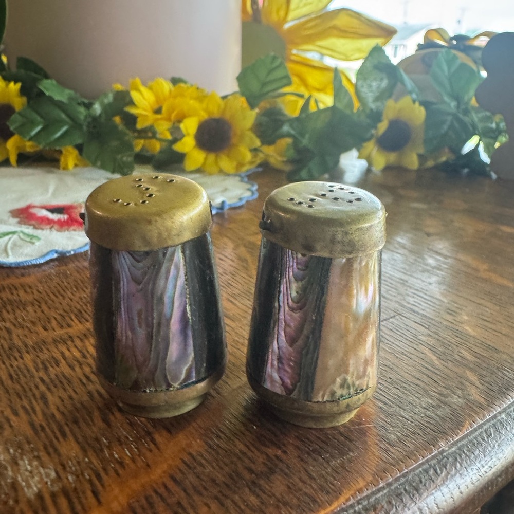 VINTAGE Mother of Pearl Mexican ,Iridescent Shell Salt and Pepper Shakers